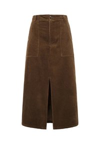 Gonna midi in corduroy marrone con spacco frontale, due tasche a toppa e chiusura con bottoni in vita. Tessuto testurizzato e design sartoriale.