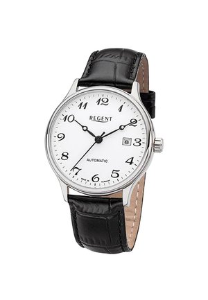 Automatische Regent-Armbanduhr mit weißem Zifferblatt, schwarzen arabischen Ziffern, schwarzem Lederarmband, silbernem Gehäuse, Datumsfenster bei 3 Uhr und drei Zeigern.