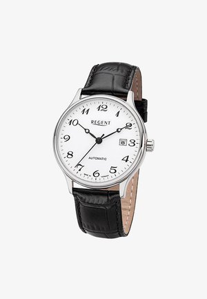 Regent automatisch polshorloge met witte wijzerplaat, zwarte Arabische cijfers, zwarte leren band, zilveren kast, datumvenster op 3 uur en drie wijzers.