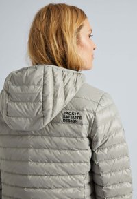 Lys grå dunjakke med hætte, der har stitched paneler og sort branding på ryggen. Glat tekstur og holdbart materiale.