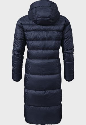 Langer navyblauer Puffercoat mit Kapuze, versehen mit horizontalen Steppnähten, elastischen Bündchen und glatter, glänzender Stoffoberfläche.