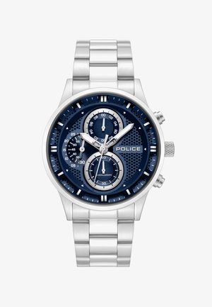 Srebrny metalowy zegarek na nadgarstek z niebieską tarczą, trzema subtarczami, srebrnymi znacznikami godzin oraz logo "POLICE" po prawej stronie.
