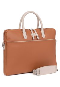 Tan laptop bag met een gestructureerde afwerking, lichte handgrepen, dubbele ritsen en een verstelbare schouderriem. Kenmerkt zich door een glad accentlabel.