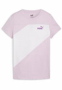 Różowa bawełniana koszulka z krótkim rękawem, z białą diagonalną wstawką oraz purpurowym logo "PUMA" na piersi. Okrągły dekolt.