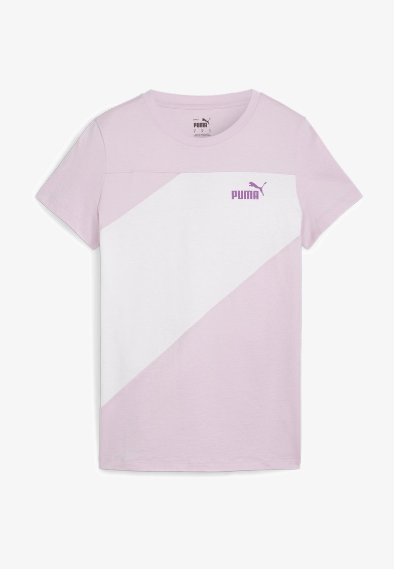 Ružový bavlnený tričko s bielym diagonálnym panelom a purpurovým logom "PUMA" na hrudi. Krátke rukávy a okrúhly výstrih.