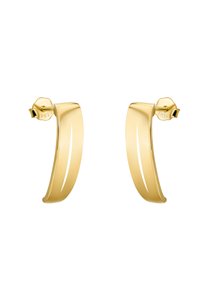 Guldtonade örhängen med en böjd design, som har två utskärningar och stiftfäste. Slät, glänsande yta och minimalistisk estetik.