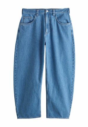 Lyseblå højttaljede vidde-bukser i denim med knapper og lynlås foran, to forlommer og bæltestropper.