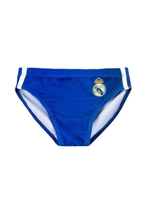 Blue sports swim brief with white side stripes and Real Madrid football club crest on the front right side.