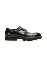 Schwarzer Leder-Schuh mit rundem Zehenbereich, ausgestattet mit zwei verstellbaren Schnallen, einem eleganten Design und einer strukturierten Gummisohle für besseren Halt.