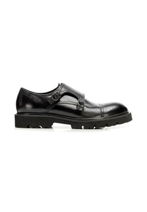 Schwarzer Leder-Schuh mit rundem Zehenbereich, ausgestattet mit zwei verstellbaren Schnallen, einem eleganten Design und einer strukturierten Gummisohle für besseren Halt.