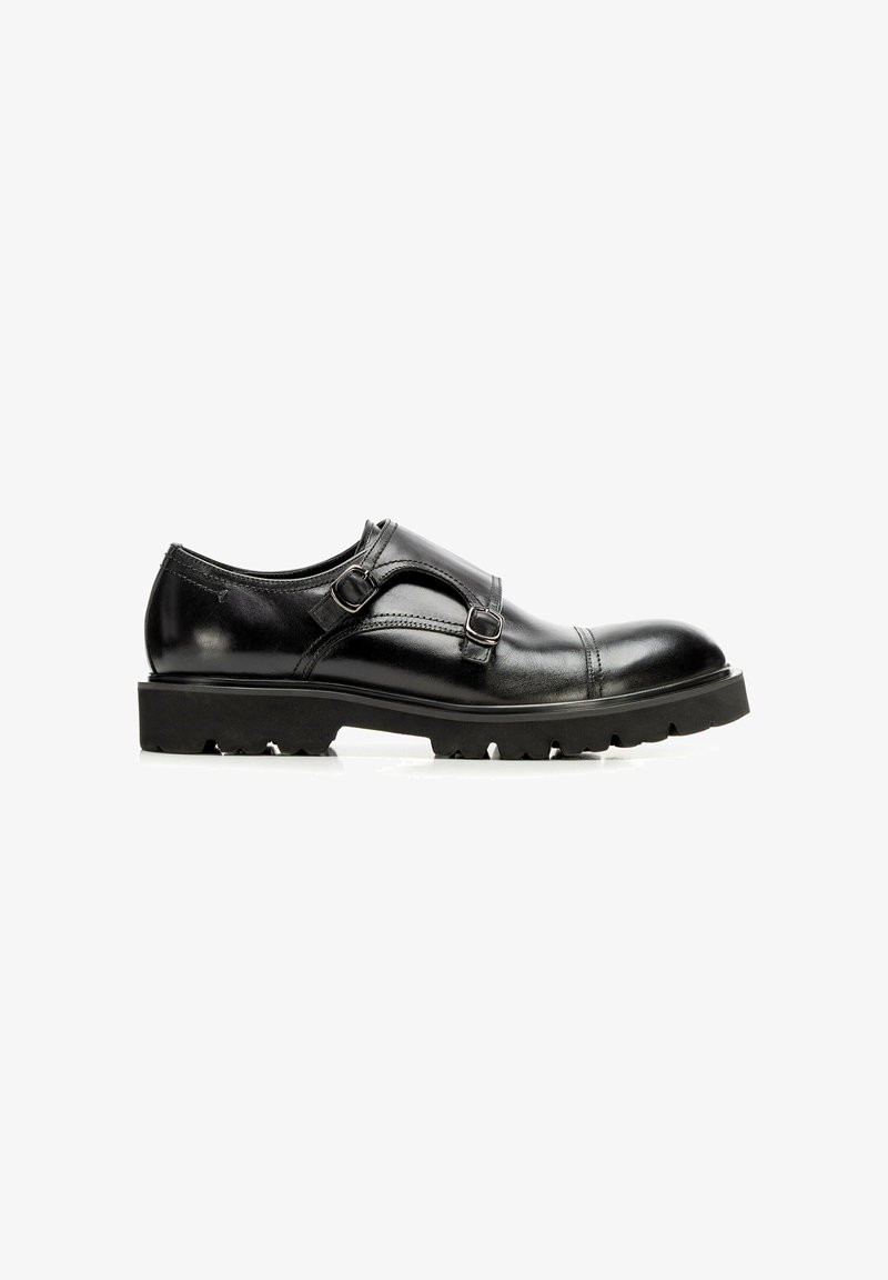 Schwarzer Leder-Schuh mit rundem Zehenbereich, ausgestattet mit zwei verstellbaren Schnallen, einem eleganten Design und einer strukturierten Gummisohle für besseren Halt.