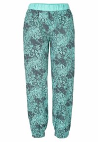 Mintgroene broek met een donker bloemenpatroon, uitgerust met een elastische tailleband en gerimpelde boorden, gemaakt van een lichtgewicht stof.
