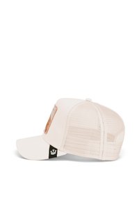 Baseball cap with cream fabric front, mesh back, and curved brim. Features a rectangular patch with design at the front. Black logo on side.
