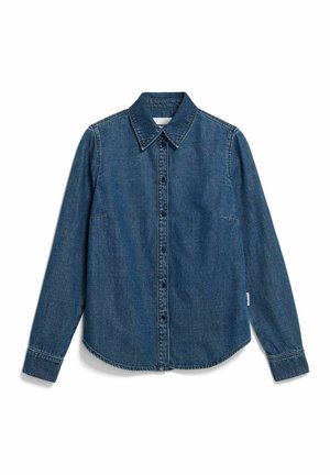 Donkerblauw denim overhemd met knoopsluiting aan de voorkant, een kraag, lange mouwen en een afgeronde zoom. Voorzien van klassieke stikdetails.