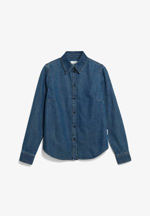 Donkerblauw denim overhemd met knoopsluiting aan de voorkant, een kraag, lange mouwen en een afgeronde zoom. Voorzien van klassieke stikdetails.