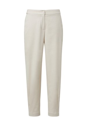 Beige maßgeschneiderte Hose mit geradem Schnitt, ausgestattet mit einem Knopfverschluss und glatter Textur. Keine sichtbaren Muster oder Akzente.