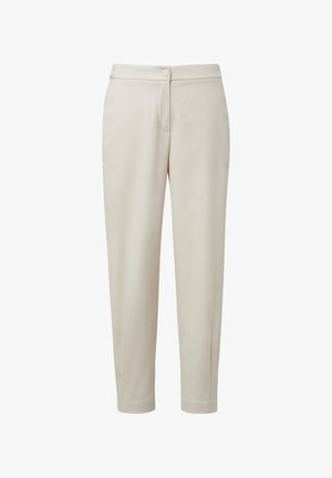 Beige tailored trousers with a straight cut, featuring a single button closure and smooth texture. No visible patterns or accents.