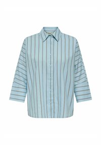 Camicia azzurro chiaro con righe verticali in marrone scuro e bianco, dotata di colletto classico e maniche a tre quarti.