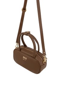 Brown leather crossbody bag with gold zipper and adjustable strap, featuring two short handles and logo "RKO RYŁKO" on front.