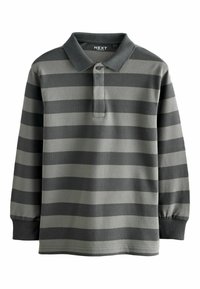 Stribet langærmet polo-shirt i mørkegrå og lysegrå med knaplukning og ribbet krave og manchetter. Blød stofstruktur.