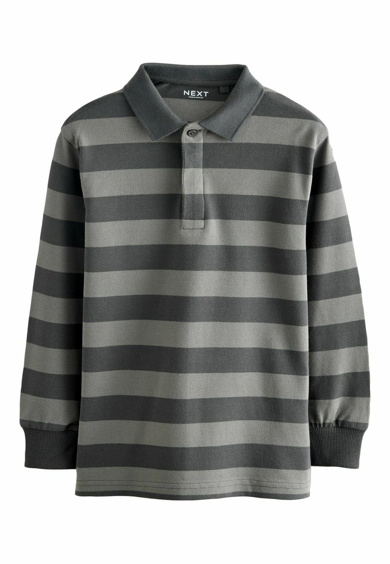 Stribet langærmet polo-shirt i mørkegrå og lysegrå med knaplukning og ribbet krave og manchetter. Blød stofstruktur.