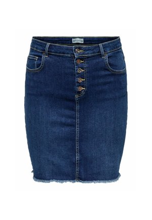 Jupe en denim bleu foncé avec taille haute, fermeture à cinq boutons, deux poches latérales et ourlet effiloché en bas. Texture lisse.