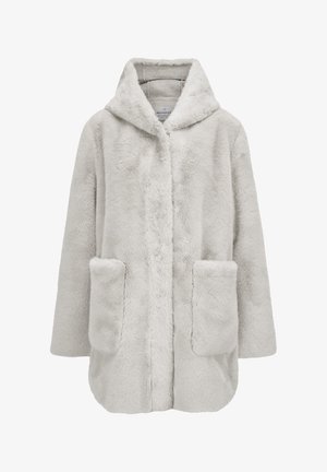 Hellgrauer, plüschiger Fleece-Mantel mit Kapuze, langen Ärmeln und zwei vorderen Taschen, vorne geschlossen.