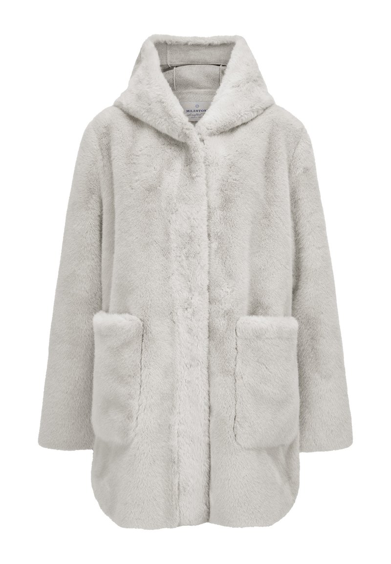 Hellgrauer, plüschiger Fleece-Mantel mit Kapuze, langen Ärmeln und zwei vorderen Taschen, vorne geschlossen.