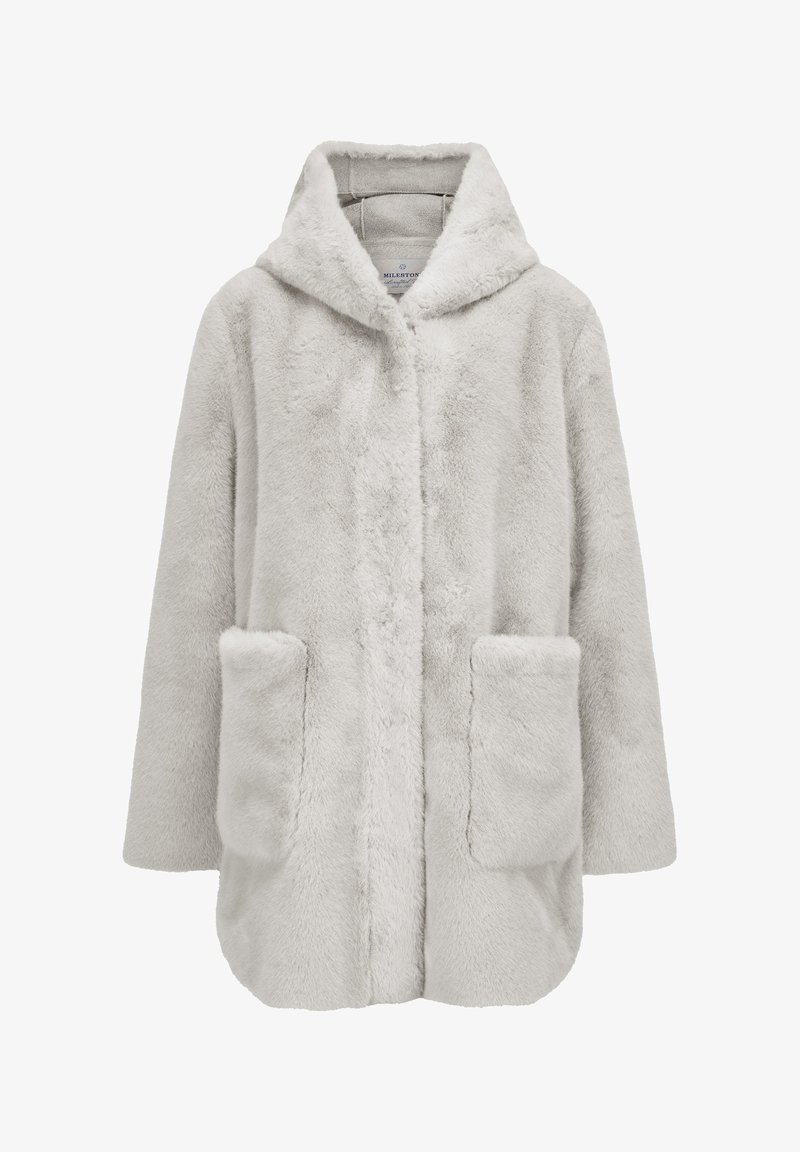 Hellgrauer, plüschiger Fleece-Mantel mit Kapuze, langen Ärmeln und zwei vorderen Taschen, vorne geschlossen.