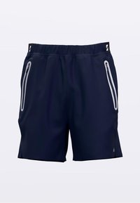 Mélykék atlétikai rövidnadrág puha anyaggal, két cipzáras oldalzsebbel, világosszürke részletekkel és elasztikus derékpánttal.