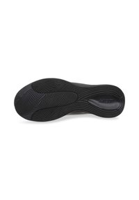 Suola di scarpa in gomma nera con contorni curvi, motivi testurizzati e incisione del logo, progettata per aderenza e durata.