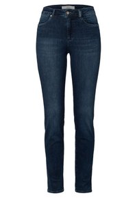 Jeans de denim azul oscuro con un ajuste Slim, que cuentan con una cintura de altura media, un diseño clásico de cinco bolsillos y un cierre de botón metálico.