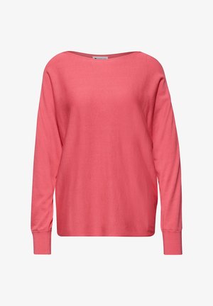 Maglione a maniche lunghe di colore rosa corallo solido con scollo a barca e polsini a coste, mostrato su uno sfondo bianco.