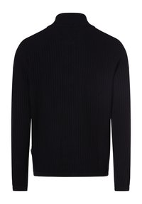 Svart ribbad stickad tröja med hög krage, lång ärm och rak fåll. Texturerat tyg med en klassisk design.