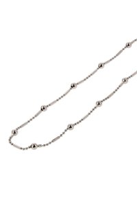 Srebrzysta metalowa naszyjnik z kulistymi i cylindrycznymi koralikami, naprzemiennie ułożonymi w beaded pattern o gładkim, odbijającym światło wykończeniu.