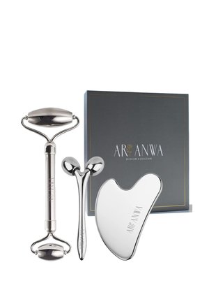 Silberner Gesichtsroller und Gua Sha Werkzeug in einer schwarzen Box mit goldenen Akzenten. Die Werkzeuge verfügen über glatte Oberflächen und ergonomische Designs für die Hautpflege.