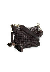 Borsa a tracolla in pelle intrecciata marrone con superficie testurizzata, dotata di una tracolla rimovibile e accenti in metallo dorato.