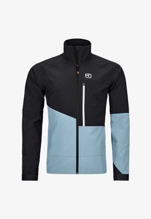 Zippered jacket featuring a mix of black and light blue materials, with a sporty design and contrasting white zippered pocket detail.