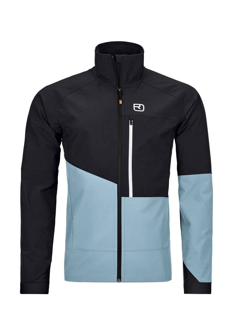 Zippered jacket featuring a mix of black and light blue materials, with a sporty design and contrasting white zippered pocket detail.