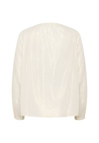 Cream-colored blouse made of textured fabric, featuring a relaxed fit, long sleeves, and a round neckline with gathered detail at the back.