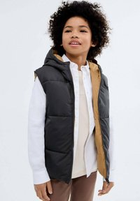 Vesta căptușită în negru și maroniu, cu glugă, fermoar frontal și buzunare laterale. Pur și simplu pe o cămașă ușoară, cu cusături vizibile.