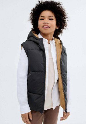 Gilet imbottito in nero e marrone, con cappuccio, zip frontale e tasche laterali. Indossato sopra una camicia leggera, con cuciture visibili.