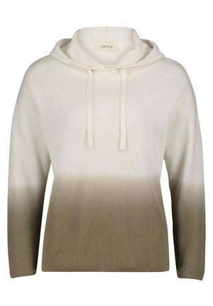Gebreide hoodie met lange mouwen en trekkoorden, met een kleurverloop van crème bovenaan naar lichtbruin onderaan.