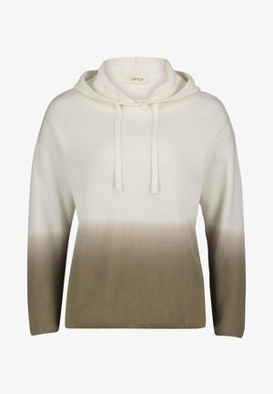 Sweat à capuche en tricot à manches longues avec cordons, présentant un dégradé de couleur du crème en haut au brun clair en bas.