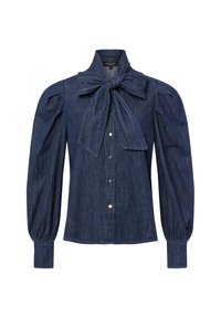 Blusa di denim blu scuro, con colletto a fiocco e maniche a palloncino. Chiusura frontale con cinque bottoni in tono argento, tessuto texturizzato.