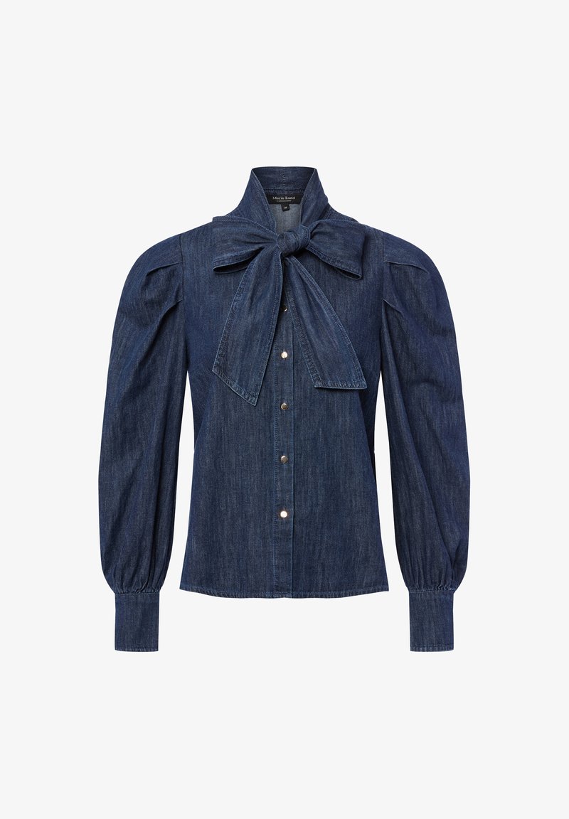 Denim blouse in dark blue, featuring a bow tie collar and puffed sleeves. Five button front with silver-tone buttons, textured fabric.
