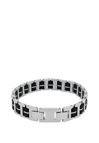 Pulsera de metal en plata y negro con eslabones rectangulares y un cierre abatible sobre un fondo blanco.