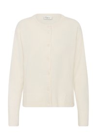 Gestraffte weiße Strickjacke mit rundem Ausschnitt, Knopfleiste vorne und gerippten Bündchen sowie Saum. Weiche Textur, lässiges Design.