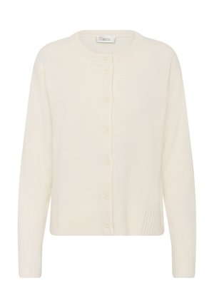 Fehér kötött kardigán kerek nyakkivágással, elöl gombos záródással, bordázott mandzsettákkal és szegéllyel. Puha textúrájú, hétköznapi dizájn.
