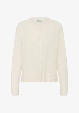 Fehér kötött kardigán kerek nyakkivágással, elöl gombos záródással, bordázott mandzsettákkal és szegéllyel. Puha textúrájú, hétköznapi dizájn.